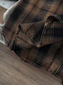 Manfinity Joysei 男士春季休闲格子长袖衬衫，适合秋季 - 咖啡棕 - 查看 4