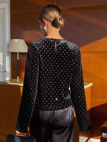 Livesso Élégant T-shirt rond noir à paillettes pour femmes, convient pour les banquets à manches longues