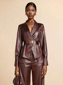 SHEIN Veneréa 光泽仿皮纹理缎面翻领长袖收腰不对称下摆优雅女士西装外套