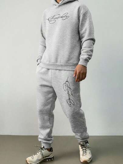 SHEIN Teen Boy Casual Letter Print Hoodie And Sweatpants Set, Autumn/Winter