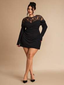 SHEIN BAE Plus Size Women's Elegant Ruched Waist Lace Patchwork Long Sleeve Bodycon Dress,Black,Autumn,Formal,Evening,Night Out Club,High Neck Mini Party - Black - View 6