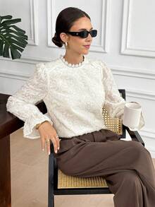 SHEIN Frenchy 女士优雅纯色衬衫，秋季套头衫，女士优雅上衣，端庄衬衫，女士早餐装，女士优雅衬衫，适合休闲和度假，法式风格，巴黎女士，欧式风格，欧洲度假，女士优雅衬衫，适合所有季节，新年，复古，简约，适合日常穿着，法式风格，欧式风格，圣诞春季 - 杏色 - 查看 7