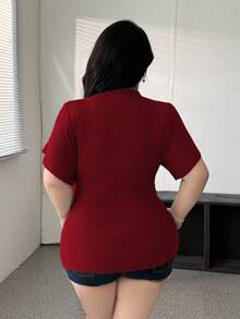 Vibekara 深V领收腰休闲女式上衣T恤 - 酒紅色 - 查看 2