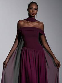 Elitara Elegant, Romantic, Fashionable Chestnut Color Elastic Fabric Shawl Flounce, Chiffon Patchwork Skirt, Big A-Line Silhouette, Front Slit, Small Train, Suitable For Wedding Guest, Holiday, Birthday Party, Wedding Ceremony, Bridesmaid Dress, Formal Evening Gown - Maroon - View 8