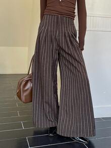 DAZY 女士条纹宽松褶裥休闲通勤阔腿裤 - 棕色 - 查看 4