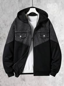 Vacaura Casual Fashion Minimalist Denim Pocket V-Shaped Patchwork Long Sleeve Hooded Jacket For Teenage Boys, Loose Fit, Comfortable, Versatile, Suitable For Autumn, Spring, Summer, Daily Wear, Commuting, Outdoor, Sports, School, Streetwear, Party, Photography