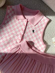 Comfortcana Women's Casual 2 Pieces Set: Knight Pattern Knitted Polo Collar Vest And Pleated Knitted Mini Skirt Plaid Two-Piece - Pink - View 7