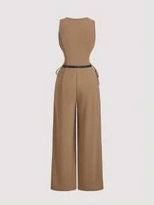 SHEIN MOD 女士卡其色西装背心系带连体裤，休闲商务连体裤（含腰带），一体式连体裤 - 卡其色 - 查看 2