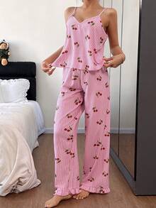 SHEIN Pink Striped Cherry Print Camisole And Pants Women Pajama Set - Pink - View 4