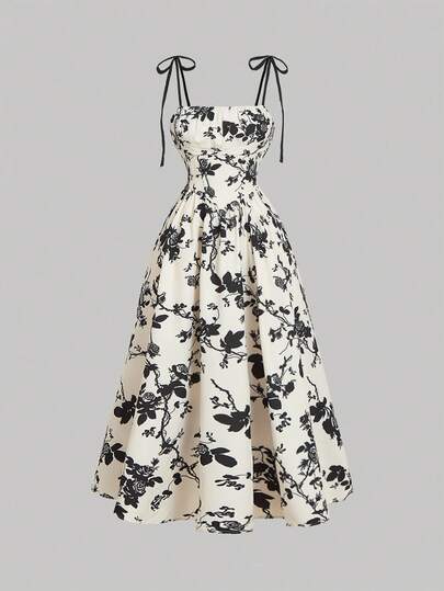 SHEIN MOD Women Apricot Background Black Silhouette Flower Print Cami Dress,Renaissance Dress,Homecoming Dresses,Fall Women Dresses