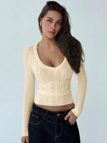 Aloruh New Stylish Deep V-Neck Long Sleeve Fitted Vintage Cable Knit Minimalist Pullover Sweater, Versatile Outerwear In Fall/Winter,Sweaters For Women - Beige - View 5