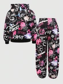 SHEIN Tween Girl Colorful Letter Print Hooded Sweatshirt And Sweatpants 2 Pieces Set, Fleece, Thickened - Multicolor - View 2