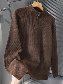 Manfinity Homme 男士休闲日常通勤简约纯色半拉链插肩袖罗纹针织衫，秋冬款 - 棕色 - 查看 2