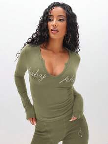BABYPHAT Top à manches longues avec encolure en V profond, orné de strass avec encolure échancrée pour un port casual au quotidien en automne et hiver - Militaire verte - Voir 2