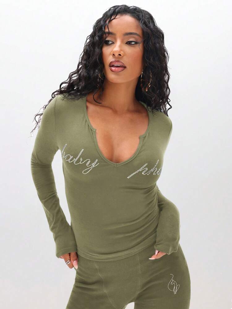 BABYPHAT Long Sleeve Deep V Neck Rhinestone Embellished Top With Notch Neckline For Fall Winter Casual Everyday Wear