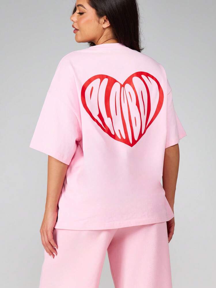 Missguided x Playboy Oversized Herz Grafik T-Shirt Kurzarm Rundhals Baumwolle Tee Valentinstag Liebe Muster Lässig Komfortabler Sitz