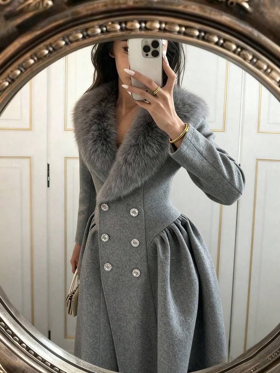 Glamine 女士拼接仿毛皮领双排扣收腰大衣 - 淺灰色 - 查看 1