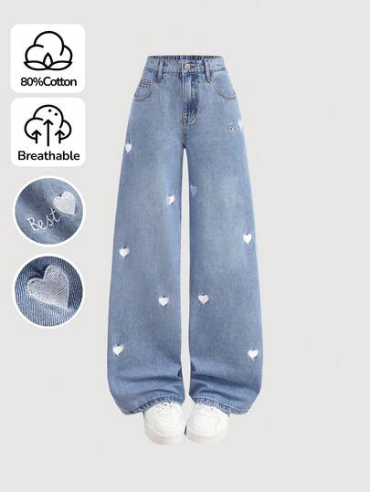 Girlism 少女时尚休闲 Y2K 复古酷炫街头返校学院风白色心形刺绣蓝色牛仔宽松舒适直筒牛仔裤，适合少女日常穿着、秋冬季派对和街头服饰。