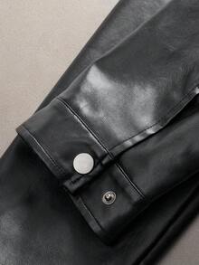 AXEPEAK 男士短款黑色皮夹克，秋冬 - 黑色 - 查看 4