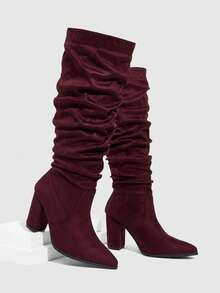 Daringsoles Women's Pointed Toe Pleated Fashionable Elegant High Heel Knee-High Boots For Christmas - Burgundy - View 7