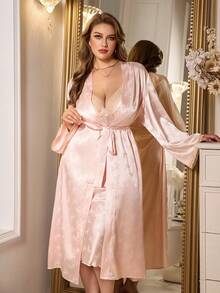 SHEIN Bộ đồ ngủ và áo choàng bằng lụa giả họa tiết bướm jacquard cỡ lớn cho nữ - Màu Hồng baby - Xem 3