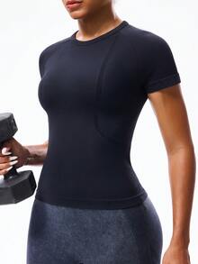 Seamluxe SHEIN Sport Women's Solid Color Minimalist Casual Round Neck Short Sleeve Sports T-Shirt - Black - View 3