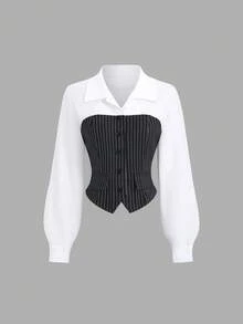 Sweetra Women's Striped Patchwork Lapel Collar Long Sleeve Asymmetrical Hem Blouse And Straight Leg Pants Suit, Elegant Office/Teacher Outfit, Vintage Urban Casual Wear For Fall/Winter