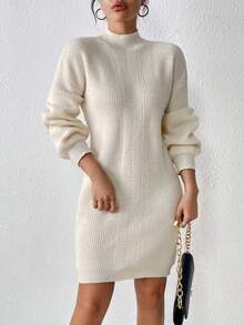 Chiquease 小高領落肩袖毛衣洋裝不附腰帶 - 杏色 - 查看 5