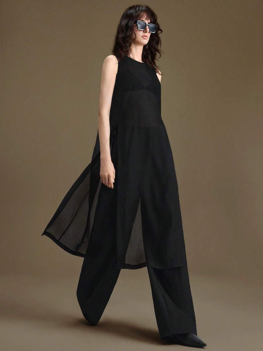 Ontre 2025秋冬新款女装系列：返校季、教师装、正式场合、优雅婚礼宾客、教堂礼服、商务装、圣诞节、新年休闲装、百搭都市风、日常穿着、秋季单品、万圣节服装、圣诞毛衣。黑色无袖高开衩长款吊带背心 - 黑色 - 查看 1