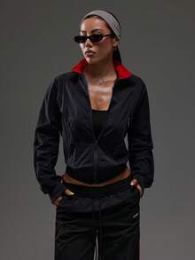Dewbera Dewbera Contrast Color Stand Collar Zip-Up Casual Sporty Jacket,Long Sleeve Cropped Workout Sportswear Women Gym Clothes,Red And Black,Autumn,Athleisure,Gym - Navy Blue - View 3
