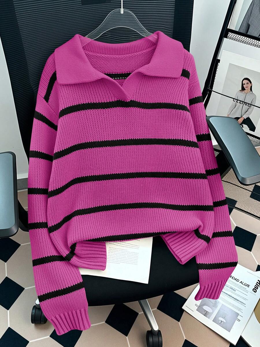 GlowEve 女士休闲宽松条纹毛衣，秋冬 - 玫瑰紅 - 查看 1