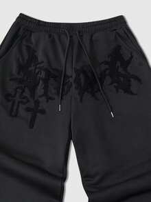 ROMWE MEN Men's Elastic Waist Drawstring Creative Cross Pattern Straight Loose Sweatpants - Black - View 8