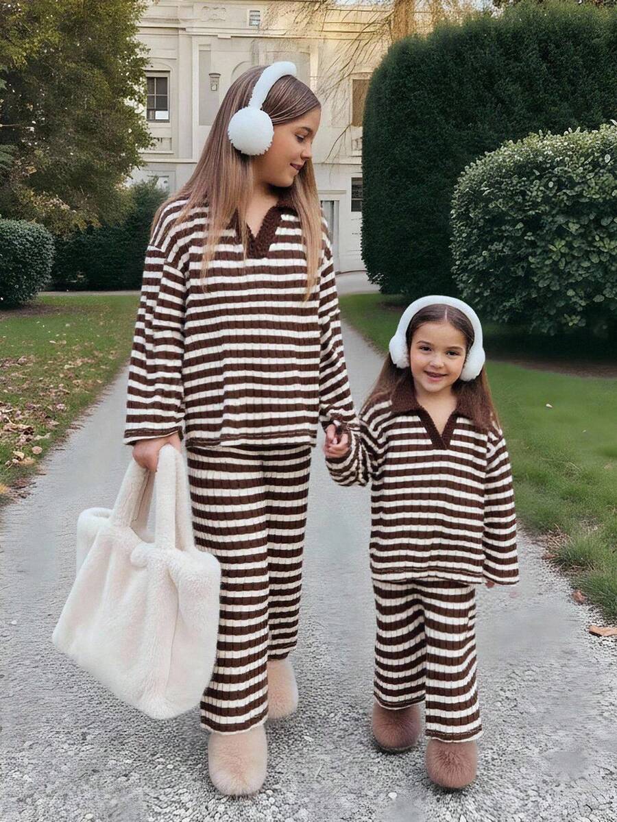 Girls' Casual Fashion Set! Girls' Coffee Striped Lapel Casual Top+Wide Leg Pants Fashion Set, Girls' Spring And Autumn Non Velvet Knitted Long Sleeved Pants Set Suitabl
