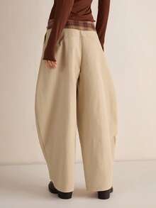 Easelle Women's Casual Thick Fabric Striped Plaid Lace-Up Casual Wide Leg Pants, Autumn/Winter Bent Knife Cut Wide Leg Pants Come With A Belt As A Gift Khaki - Khaki - View 2