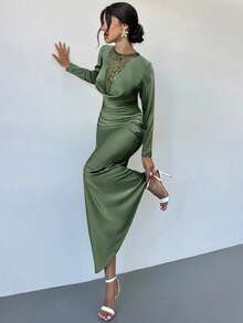 Firerie Váy dạ hội tốt nghiệp đính sequin gợi cảm thanh lịch mùa thu/đông mới, váy bó sát bằng vải satin lưới vá dài tay cổ khoét sâu màu xanh ô liu, thích hợp cho lễ hội âm nhạc, khách dự tiệc cưới, tiệc tùng - Màu xanh Ô liu - Xem 1