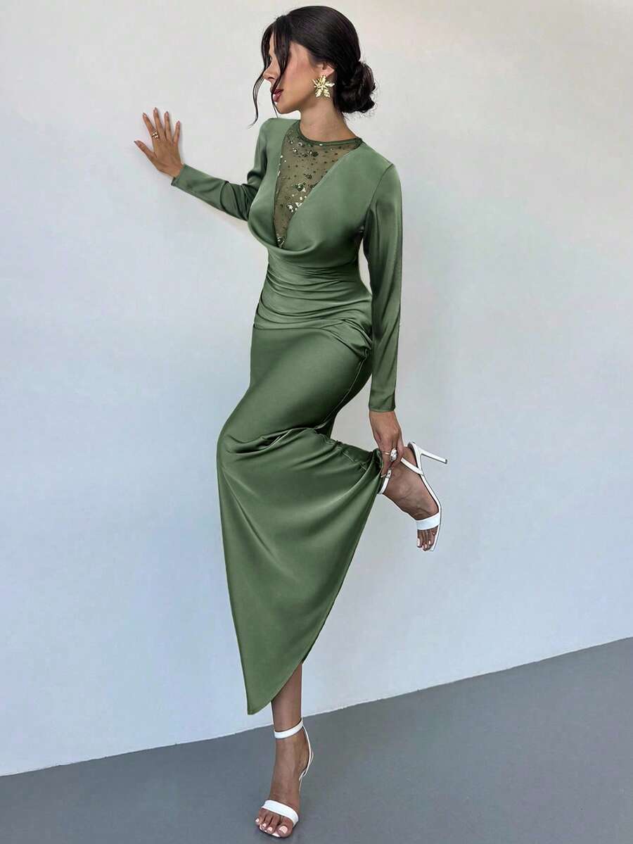 Firerie Váy dạ hội tốt nghiệp đính sequin gợi cảm thanh lịch mùa thu/đông mới, váy bó sát bằng vải satin lưới vá dài tay cổ khoét sâu màu xanh ô liu, thích hợp cho lễ hội âm nhạc, khách dự tiệc cưới, tiệc tùng - Màu xanh Ô liu - Xem 1