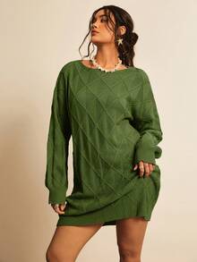 Freevana Rochie de damă verde în carouri, cu mânecă lungă, casual, tricotată, stil country western, mărime plus, toamnă/iarnă - Verde Armată - Vizualizare 1