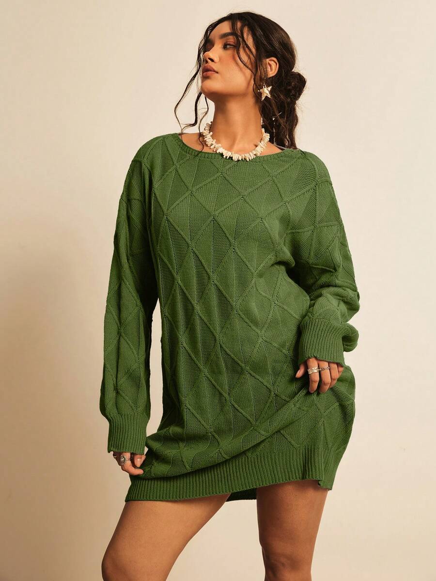 Freevana Rochie de damă verde în carouri, cu mânecă lungă, casual, tricotată, stil country western, mărime plus, toamnă/iarnă - Verde Armată - Vizualizare 1