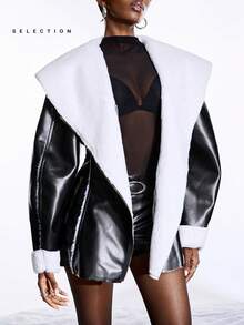 LYSMO Jachetă de damă din piele PU și blană artificială, stil Street Fashion, model patchwork, stil obișnuit - Alb-negru - Vizualizare 4