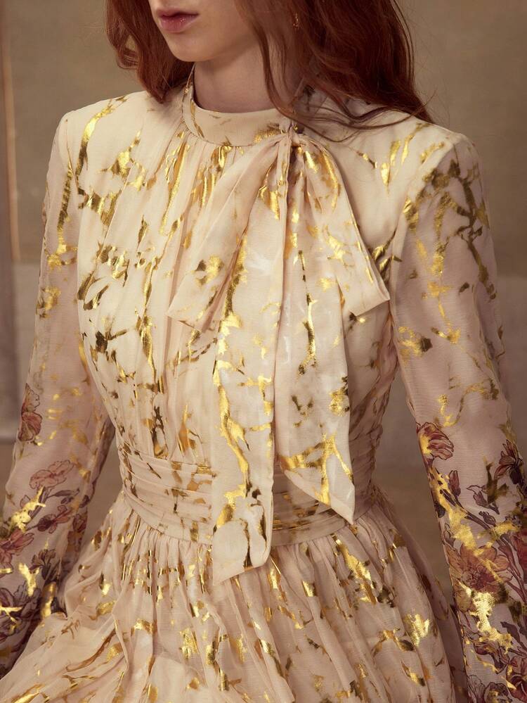 WOMEN'S LONG SLEEVE FITTED CHIFFON KNOT DRESS