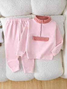 女童冬季抓绒卫衣长裤套装（2件套），粉色拼接酒红色领长袖上衣搭配长裤，居家休闲装，户外玩耍皆宜，时尚可爱 - 粉色 - 查看 7