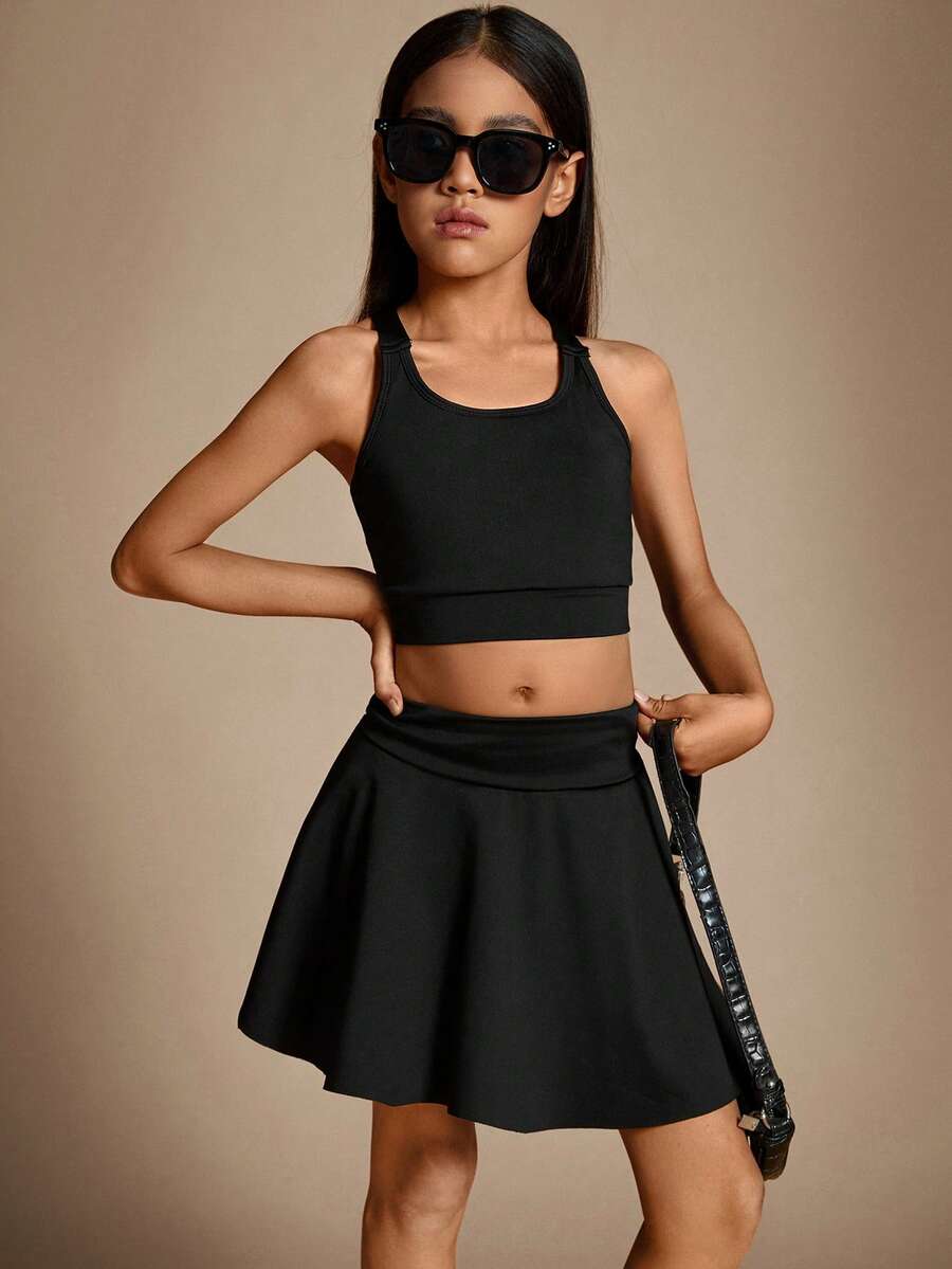 Radiana Tween Girl's Casual Tennis Knitted Solid Color Tank & Skort Set, Spring/Summer - Black - View 1