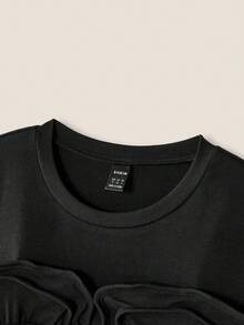 SHEIN Unity 女士纯色荷叶边短袖T恤 夏季毕业季 - 黑色 - 查看 3