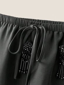 Muvela Váy ngắn nữ có tua rua, trang trí thắt eo đính hạt, váy thường ngày, trang phục mùa hè - màu đen - Xem 6