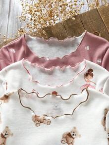 Emery Rose Kids Emery Rose Kids 6pcs/Set Young Girl Floral & Bear Print Knit Casual T-Shirt And Pants Loungewear Set Cute Pj Sets Axolotl Pajamas Girls Pj Sets Teddy Bear Pajama Set Girl Pajama Sets - Multicolor - View 3