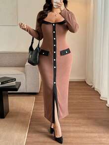 Vionelle Váy ôm sát màu tương phản, có gân, cỡ lớn, thanh lịch, có nút cài phía trước - Cà phê nâu - Xem 5