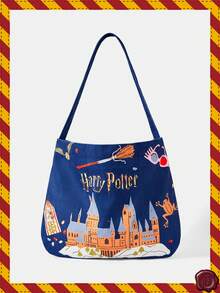 HARRY POTTER X SHEIN 1个花卉蝴蝶图案大容量单肩手提包，适合露营、旅行、购物、上学、工作等场合。 - 藏蓝色 - 查看 1