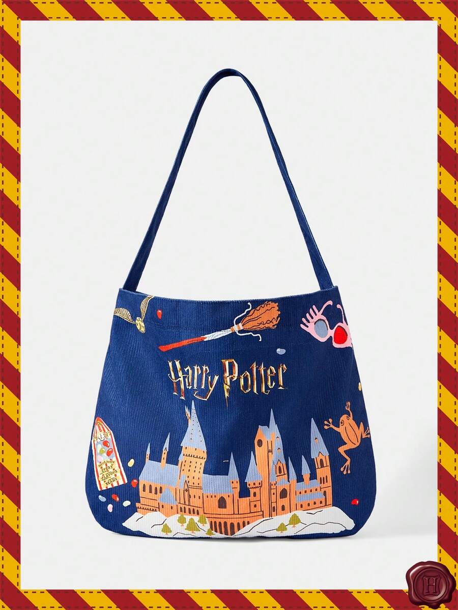 HARRY POTTER X SHEIN 1个花卉蝴蝶图案大容量单肩手提包，适合露营、旅行、购物、上学、工作等场合。 - 藏蓝色 - 查看 1