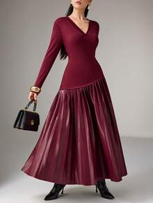 Heiryn 女士V领长袖PU皮革拼接褶裥下摆优雅连衣裙 - 酒紅色 - 查看 5