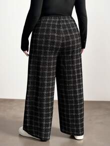 Enliva Plus Size Women's Straight Leg Pants, Plaid Print Pattern, Pocket Detail, Elastic Waist Trousers/Autumn /Winter - Black - View 2